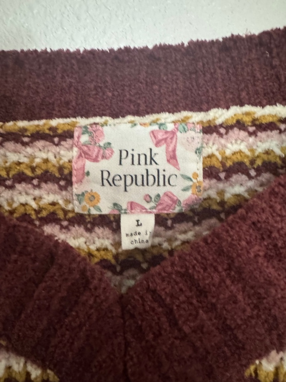 Pink Republic Striped V-Neck Sweater in Burgundy, Cream & Mustard cropped - Picture 4 of 7